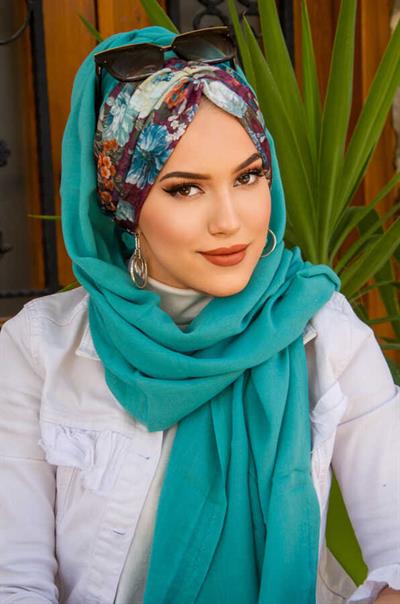 Mint Bordo Çiçek Desenli Hazır Şal