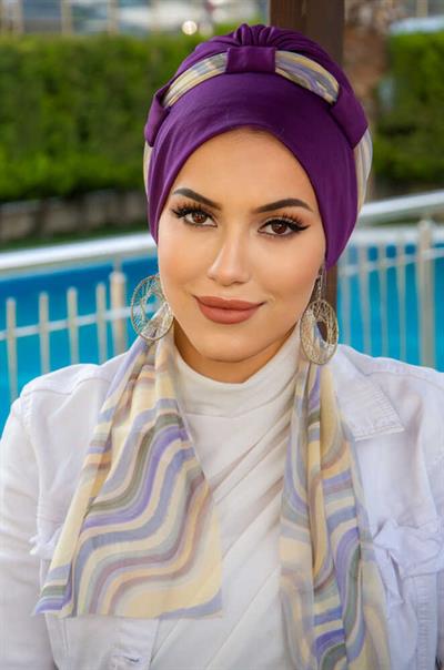 Mürdüm Geometrik Desen Fularlı Bone