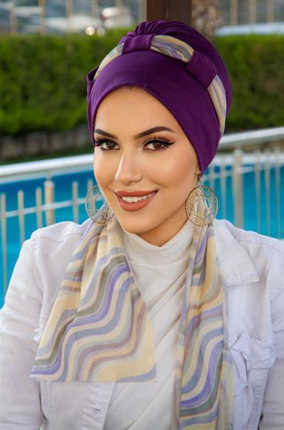 Mürdüm Geometrik Desen Fularlı Bone