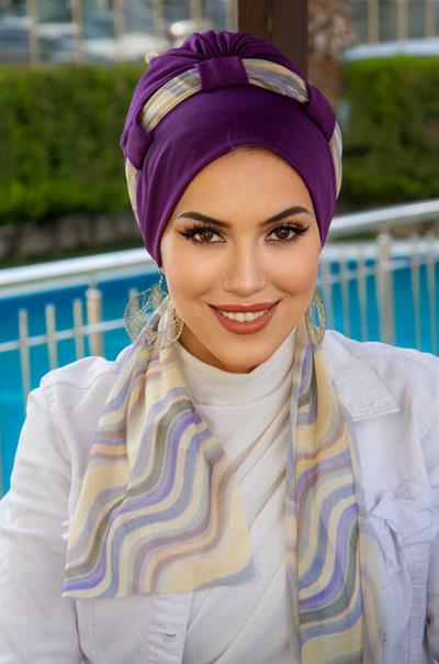 Mürdüm Geometrik Desen Fularlı Bone