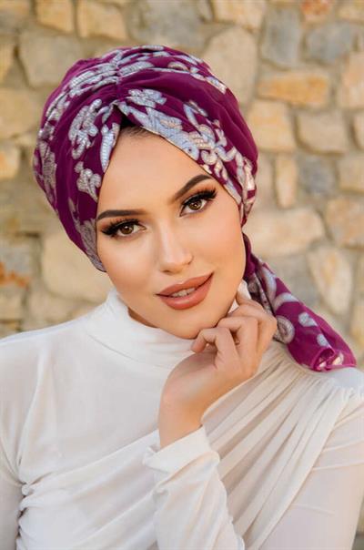 Mürdüm Gümüş Desen Yaldızlı Tokalı Bone