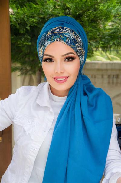 Petrol  Çiçek Desen Hazır Şal