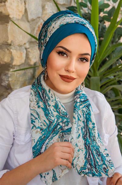 Petrol Mavi Beyaz Desen Fularlı Bone