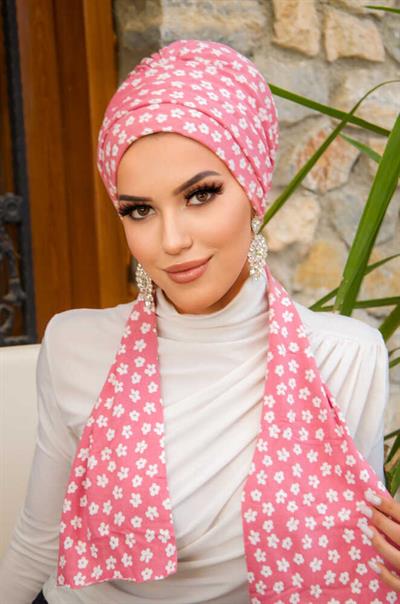 Pudra Beyaz Papatya Desenli Atkılı Bone