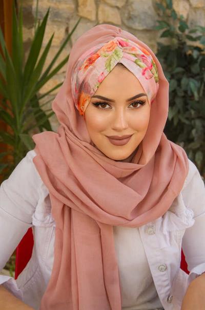 Pudra Çiçek Desen Burgu Hazır  Şal