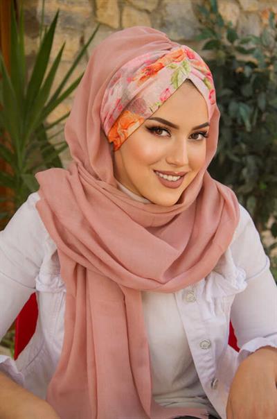 Pudra Çiçek Desen Burgu Hazır  Şal