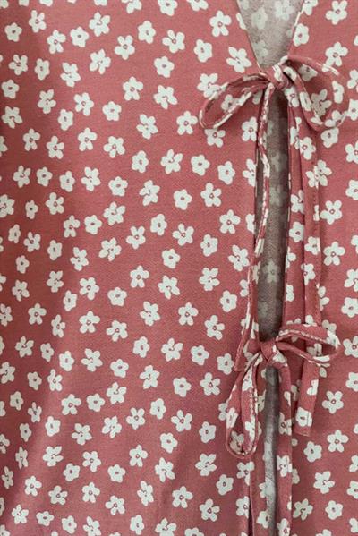 Pudra Çiçekli Önü Bağlamalı Kimono Tunik / Ütü İstemez 85 CM BOY