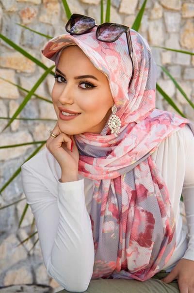 Pudra Gri Desen Kepli Bandana Şapka Şal