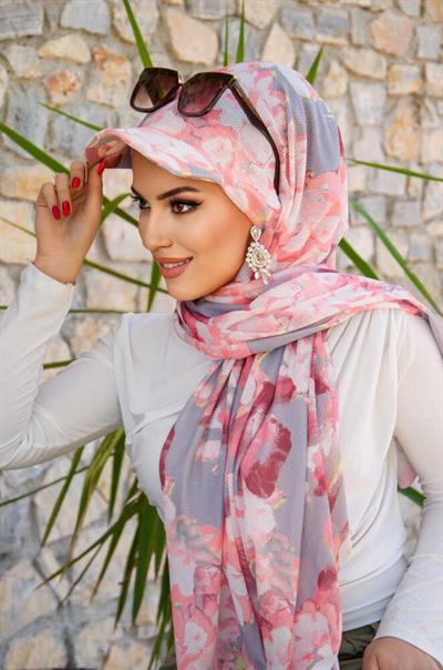 Pudra Gri Desen Kepli Bandana Şapka Şal