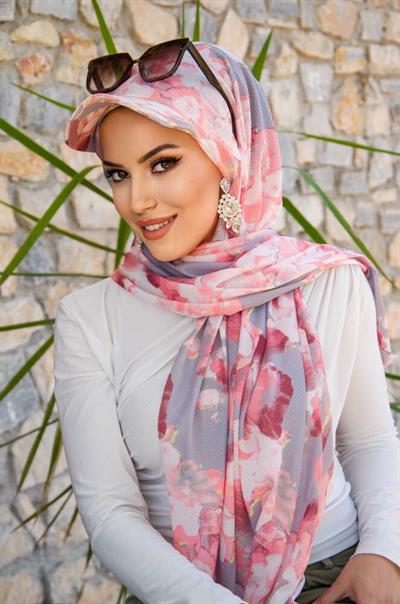Pudra Gri Desen Kepli Bandana Şapka Şal