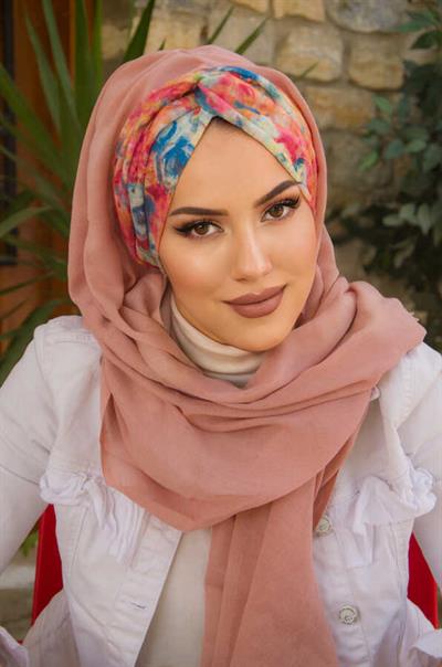 Pudra Gül Desen Burgu Hazır  Şal