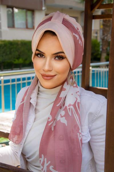 Pudra Gülkurusu Çiçek Desen Fularlı Şapka Bone