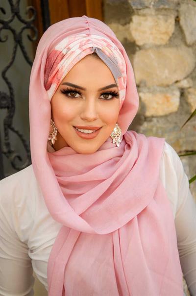 Pudra Somon Çiçek Desen Hazır Şal