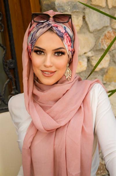 Pudra Turkuaz Çiçek Desen Hazır Şal