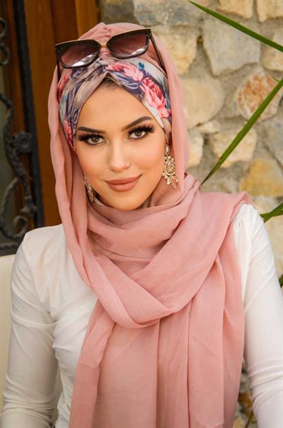 Pudra Turkuaz Çiçek Desen Hazır Şal