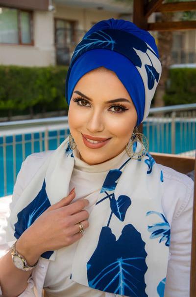 Saks Mavi Beyaz Yaprak Desen Fularlı Bone