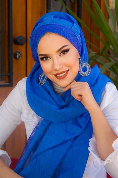 Saks Mavi Pamuk Biritli Şal