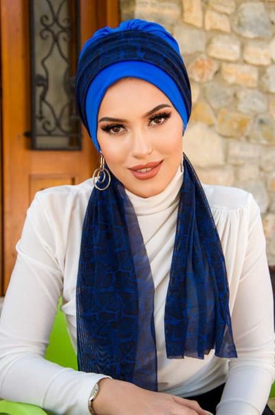 Saks Mavi Siyah Leopar Desen Fularlı Bone