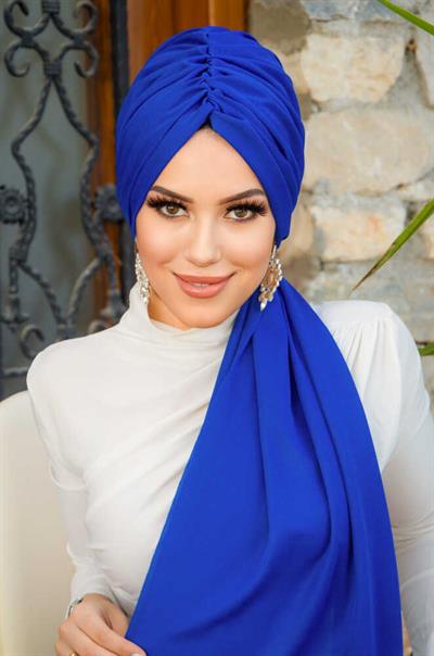 Saks Mavi Tül Büzgülü Dolama Bone