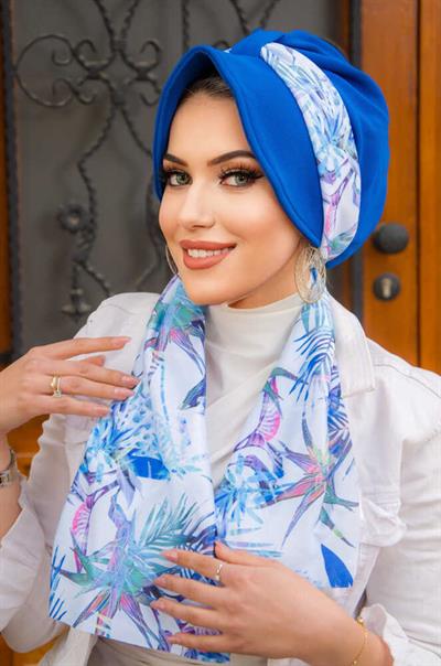 Saks Mavi Yaprak Desenli Şapkalı Bone