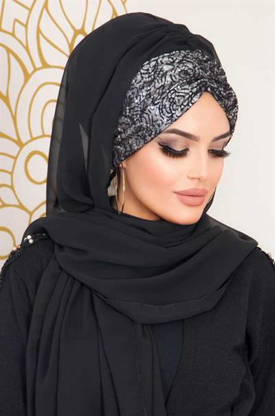 Siyah Antrasit Payetli Abiye Şal