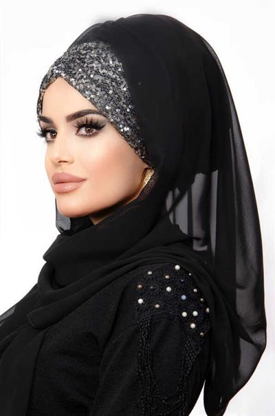 Siyah Antrasit Pul Payetli Abiye Şal