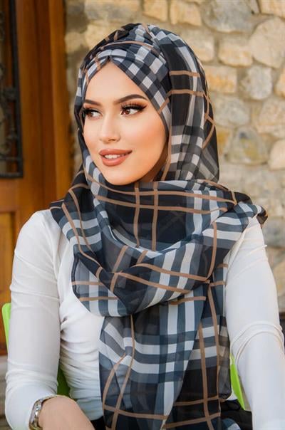 Siyah Bej Ekose Desen Hazır Şal