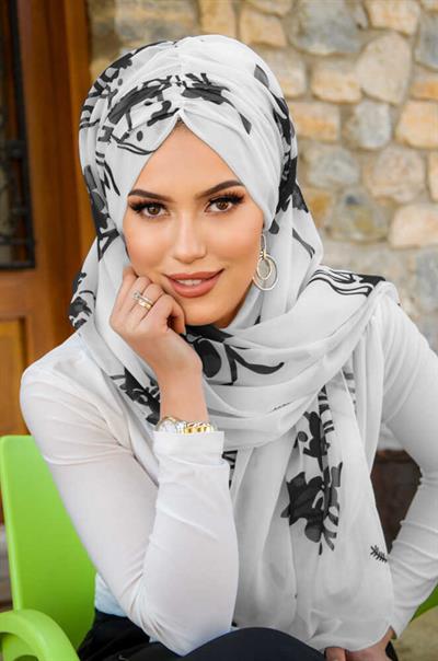 Siyah Beyaz Çiçek Desen Hazır Şal