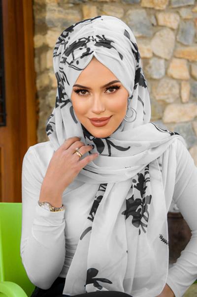 Siyah Beyaz Çiçek Desen Hazır Şal