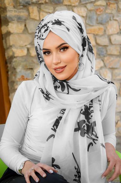 Siyah Beyaz Çiçek Desen Hazır Şal
