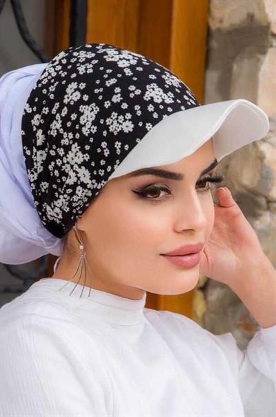 Siyah Beyaz Çiçek Desenli Bone Bant - Bağcıklı