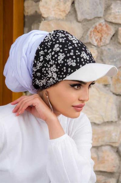 Siyah Beyaz Çiçek Desenli Bone Bant - Bağcıklı