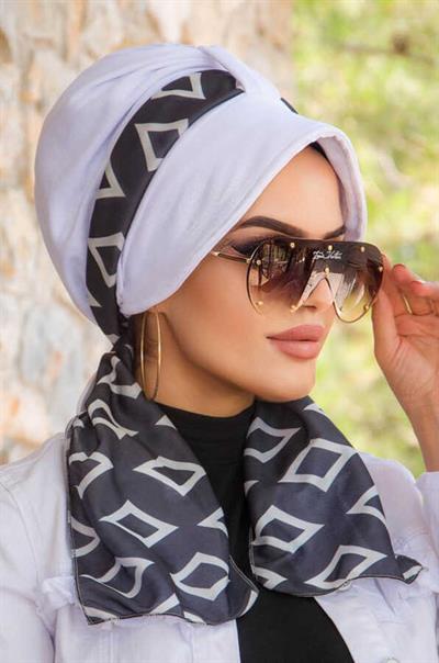 Siyah Beyaz Desen Fularlı Şapka Bone