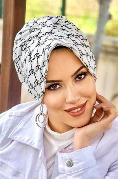 Siyah Beyaz Hat Desenli Tesettür Şapka Bone