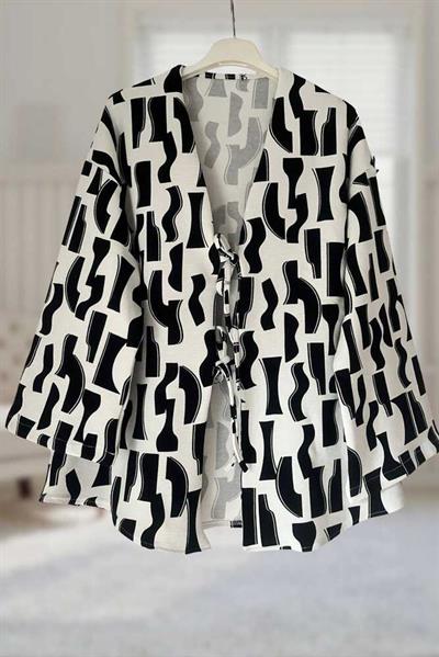 Siyah Beyaz Önü Bağlamalı Kimono Tunik