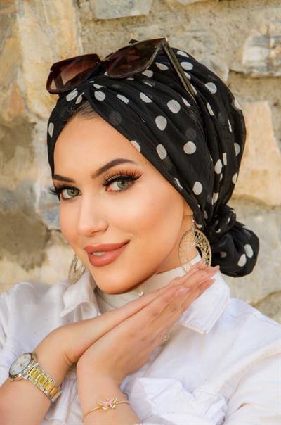 Siyah Beyaz Puan Desen Tokalı Bone