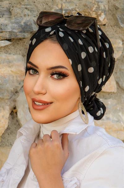 Siyah Beyaz Puan Desen Tokalı Bone