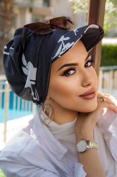 Siyah Beyaz Yaprak Desen Tesettür Şapka Bone