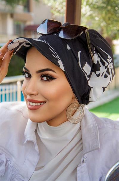 Siyah Beyaz Yaprak Desen Tesettür Şapka Bone