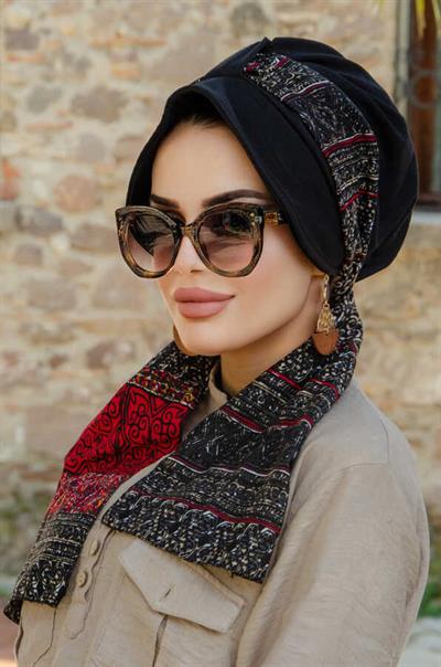 Siyah Bordo Etnik Desen Şapkalı Bone