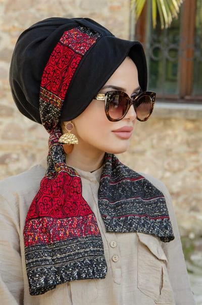 Siyah Bordo Etnik Desen Şapkalı Bone
