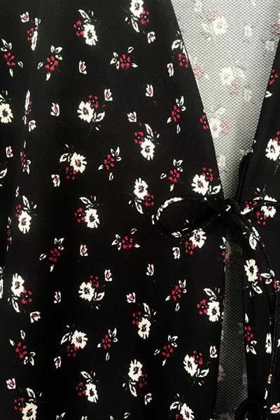 Siyah Çiçekli Önü Bağlamalı Kimono Tunik / Likralı Yazlık Kumaş
