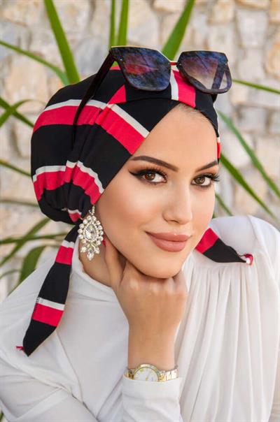 Siyah Çizgi Desen Çapraz Deniz - Havuz Bonesi