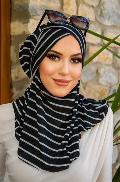 Siyah Çizgi Desenli Çapraz Bantı Medium Size - Hazır Şal