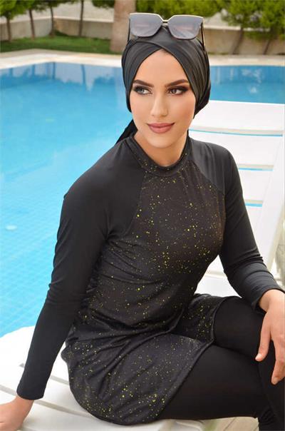 Siyah Damla Tesettür Mayo Takım