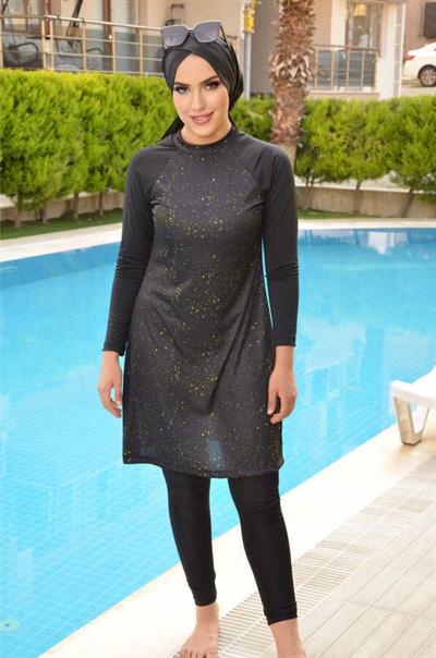 Siyah Damla Tesettür Mayo ve Bone Takım 48-50 beden