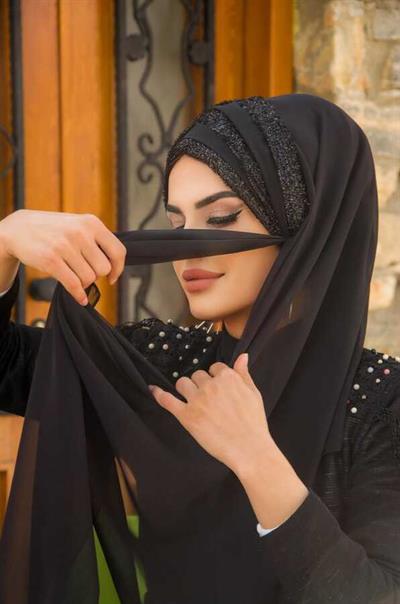 Siyah Drapeli Hazır Abiye Şal - 50500