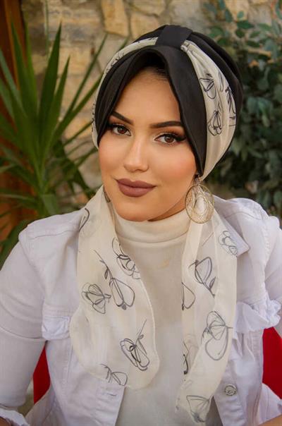 Siyah Ekru Desen Fularlı Şapka Bone