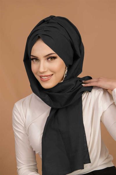Siyah Flamlı Keten Kelebek Model Büzgülü Bone Şal