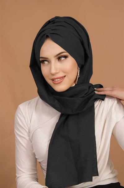 Siyah Flamlı Keten Kelebek Model Büzgülü Bone Şal